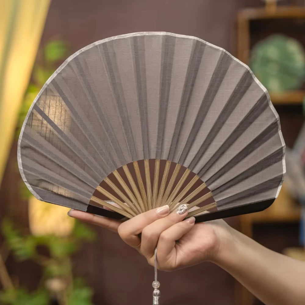 Japanese Style Retro Shell Shaped Fan Silk Cloth Bamboo Folding Fans with Pendant Wedding Hand Fans Solid Color Curved Fanbone Oasis Select G