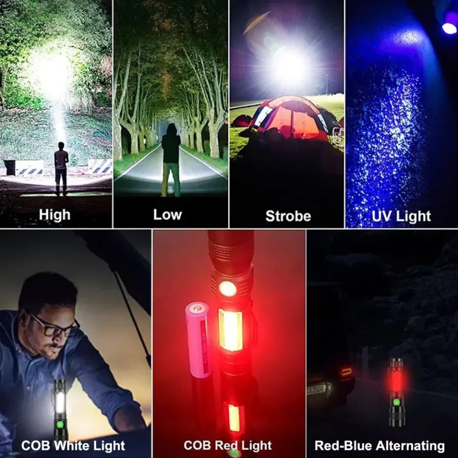 Multifunctional USB Rechargeable 7 Lighting Modes Flashlight Red/White/UV Light LED Super Bright Torch Magnetic Work Light 1 PC Oasis Select