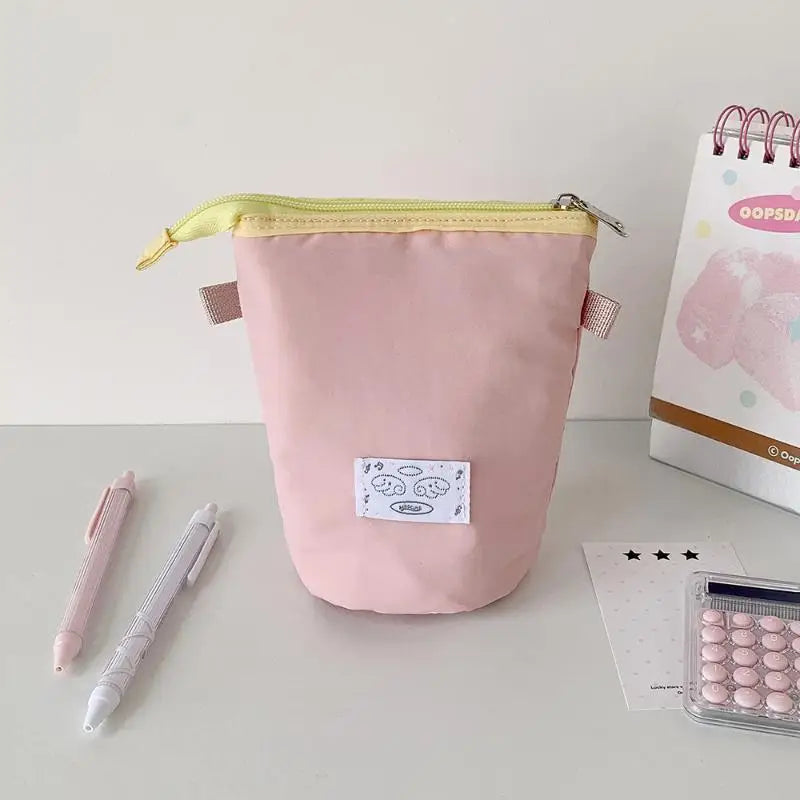 1Pcs Cute Polka Dot Solid Color Stationery Pencil Case Student Two Way Desktop Pen Holder Portable Organizer Bag ﻿ Oasis Select Pink