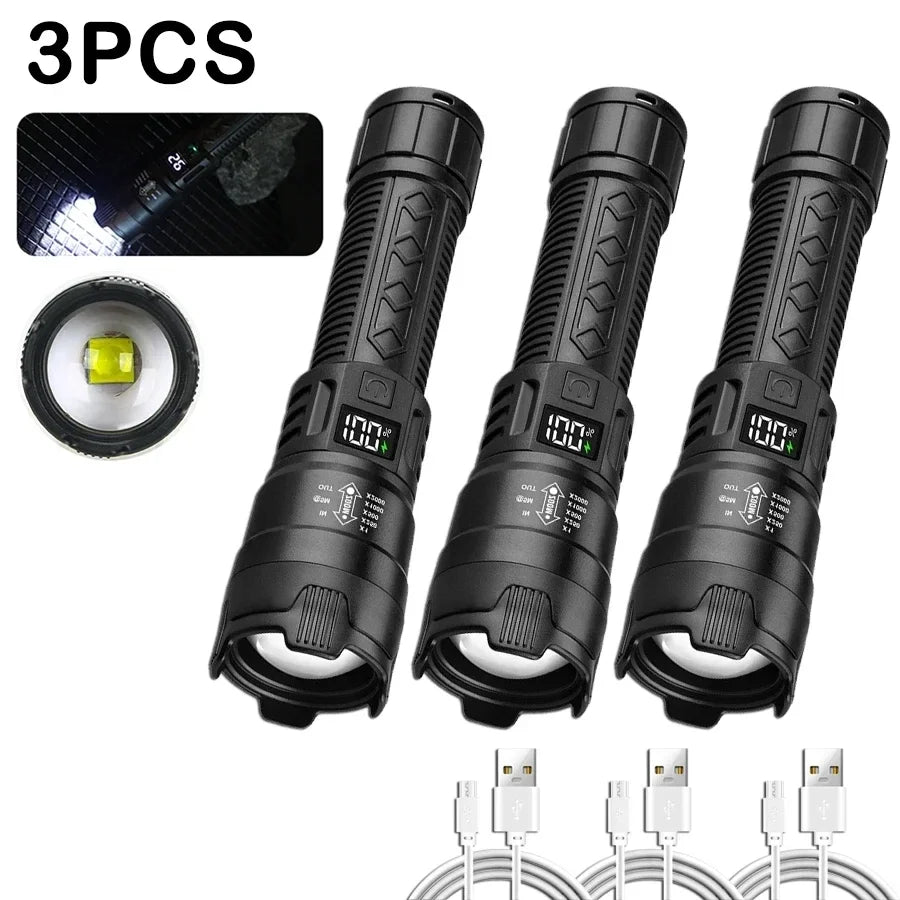 High Strong Power Led Flashlights 2000LM Tactical Torch with Display Light USB Charging Camping Fishing Emergency Zoom Lantern Oasis Select TY908 3PCs
