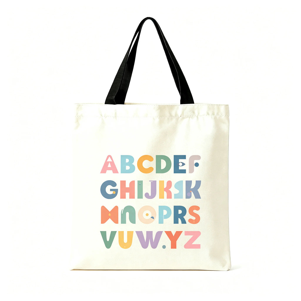Colorful ABC Alphabet Canvas Tote Bag Large Capacity Eco Reusable Shopping Shoulder Bag Women Teacher Student School Handbags Oasis Select Black