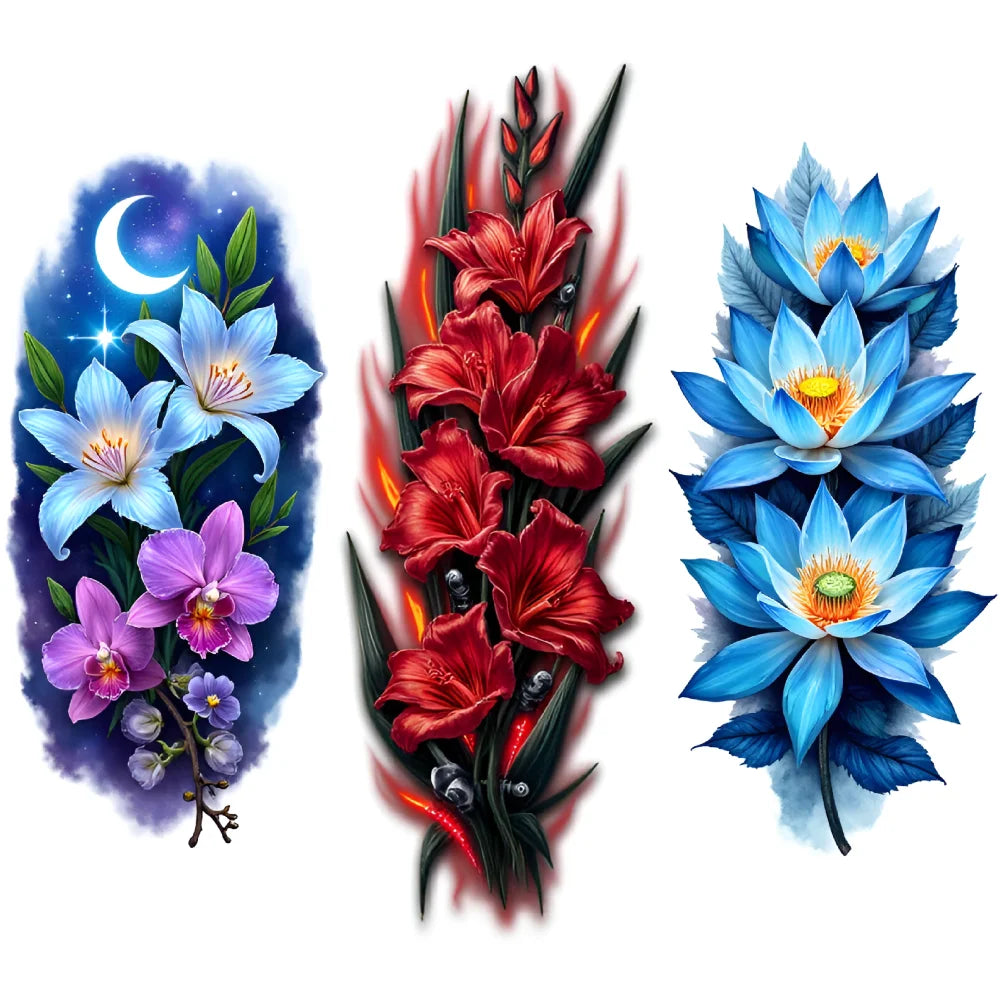 3-Pack Floral Temporary Tattoos – Colorful Realism, Waterproof