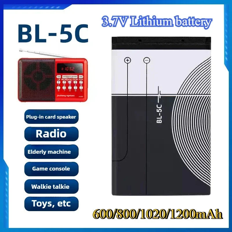 3.7V 1020mAh Lithium Battery BL-5C BL5C BL 5C Rechargeable Batteries for Nokia 2112 2118 2255 2270 2280 2300 2600 2610 3125 3230 Oasis Select 2pcs 1020mah