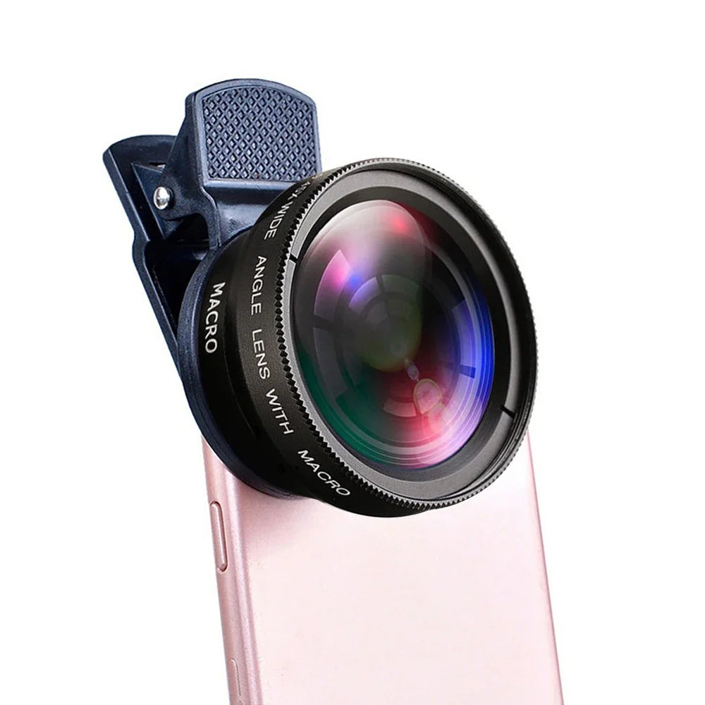 2 IN 1 Lens Universal Clip 37mm Mobile Phone Lens Professional 0.45x 49uv Super Wide-Angle + Macro HD Lens For iPhone Android Oasis Select Black