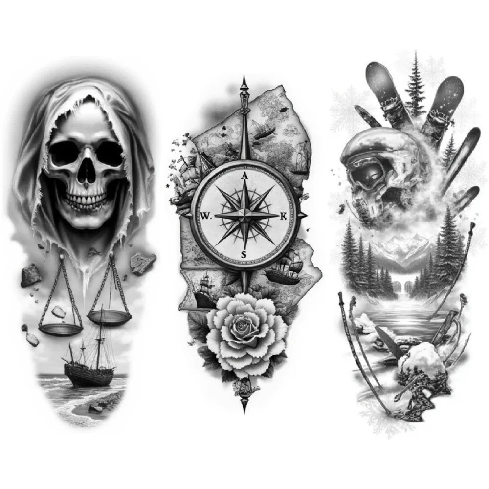 3-Pack Skull & Web Realistic Temporary Tattoos – Black & Grey