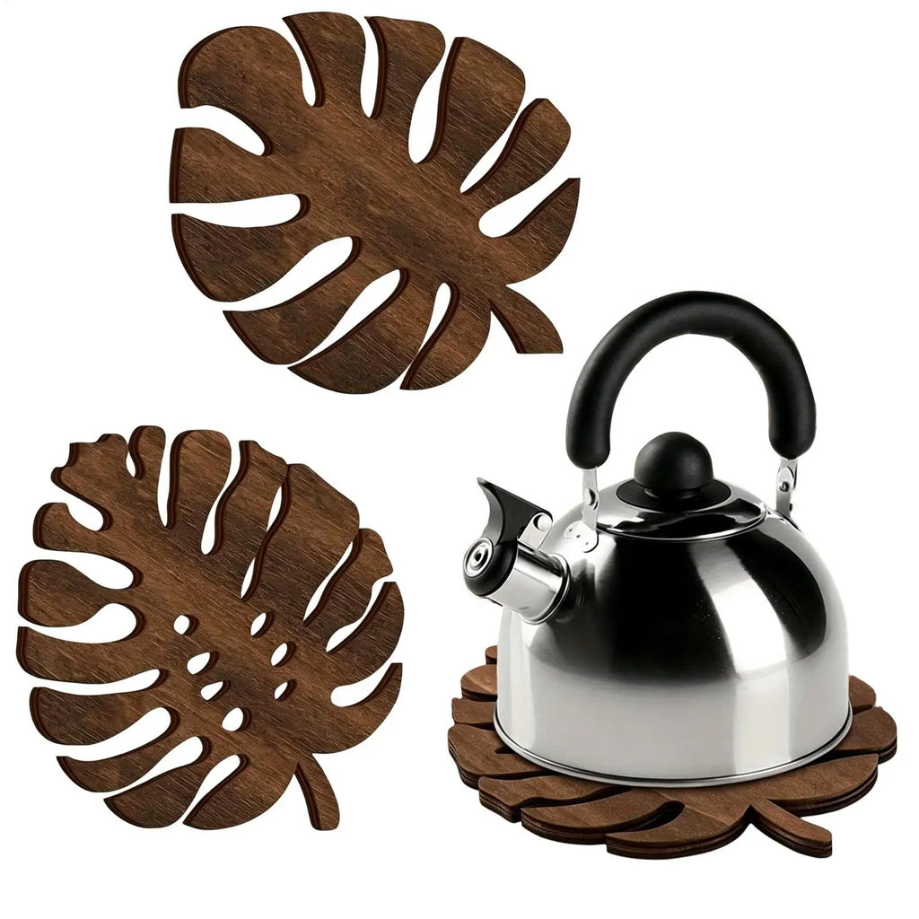 3Pcs Wooden Heat Resistant Trivet Set Monstera leaves Design Kitchen Countertop Protector Desk Decor Table Coasters Cup Holder Oasis Select