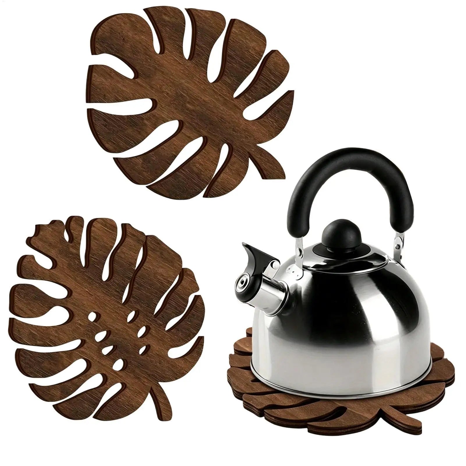 3Pcs Wooden Heat Resistant Trivet Set Monstera leaves Design Kitchen Countertop Protector Desk Decor Table Coasters Cup Holder Oasis Select