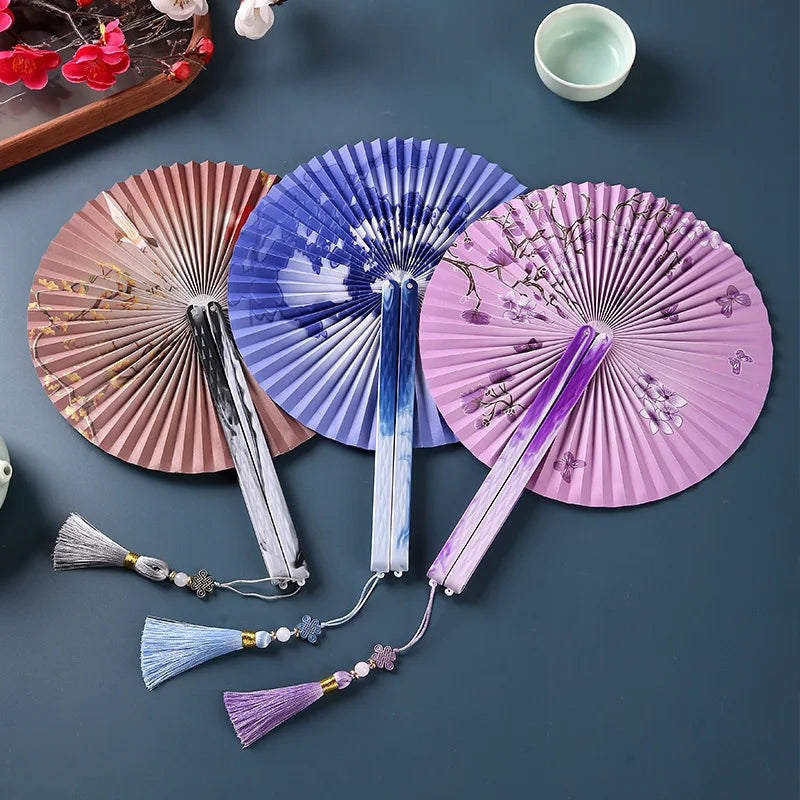 Folding Long-Handle Paper Hand Fan with Tassels, Compact Women's Pocket Fan with Magnetic Closure, Easy to Store and Carry Oasis Select