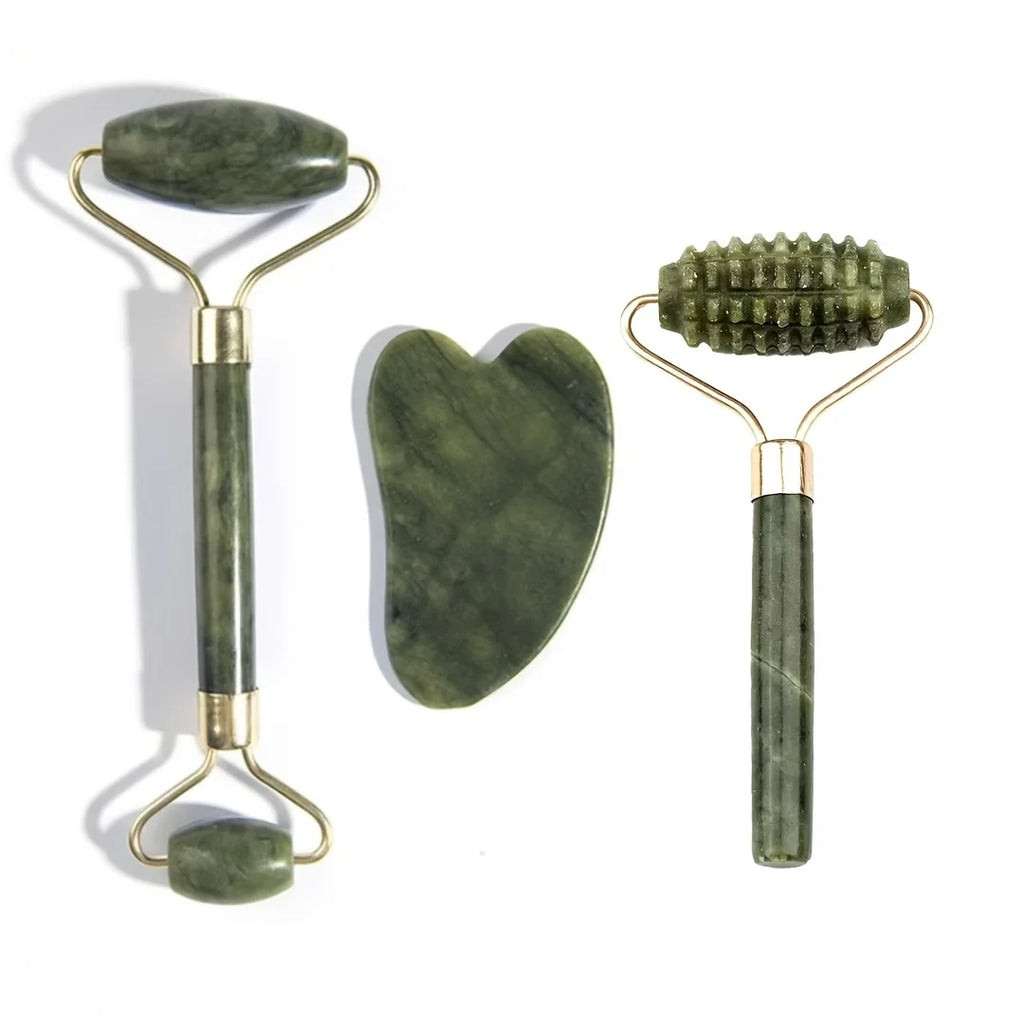A Set of Jade Massage Tools with Double Headed Rollers To Promote The Absorption of Skincare Products and Unblock Meridians Oasis Select