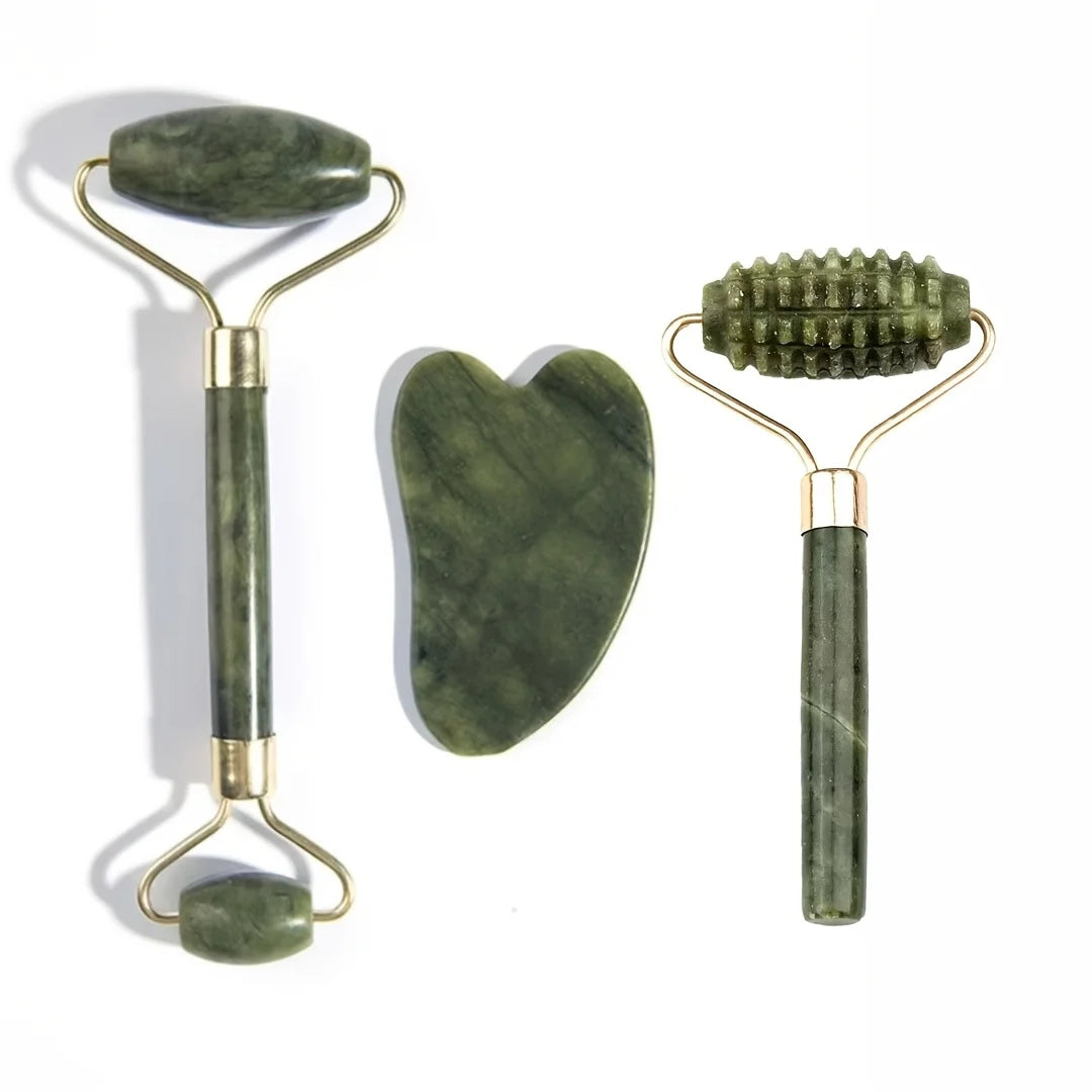 A Set of Jade Massage Tools with Double Headed Rollers To Promote The Absorption of Skincare Products and Unblock Meridians Oasis Select