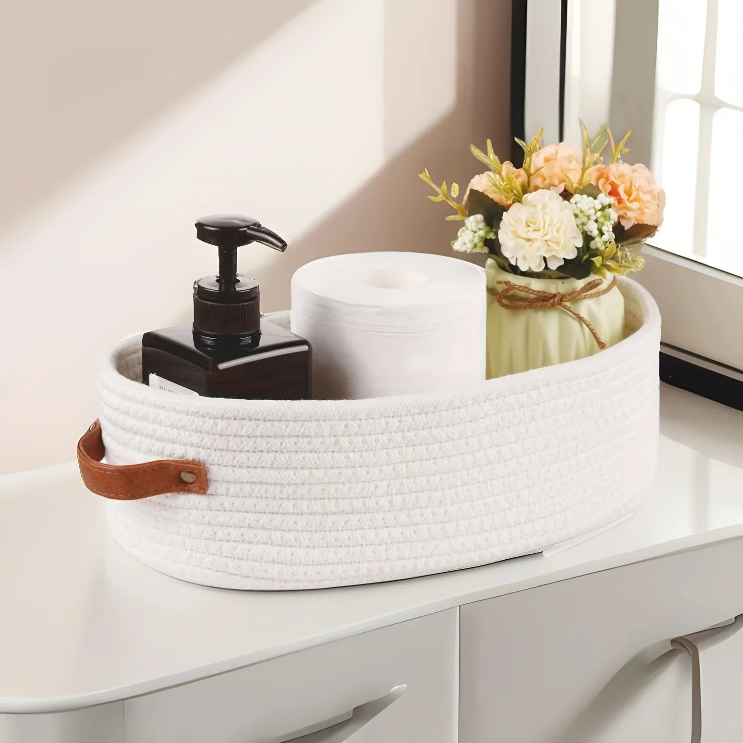 1pc Oval Woven Bathroom Storage Basket, Multifunctional Desktop Organizer, Toilet Paper Holder, Toy Storage Basket Oasis Select