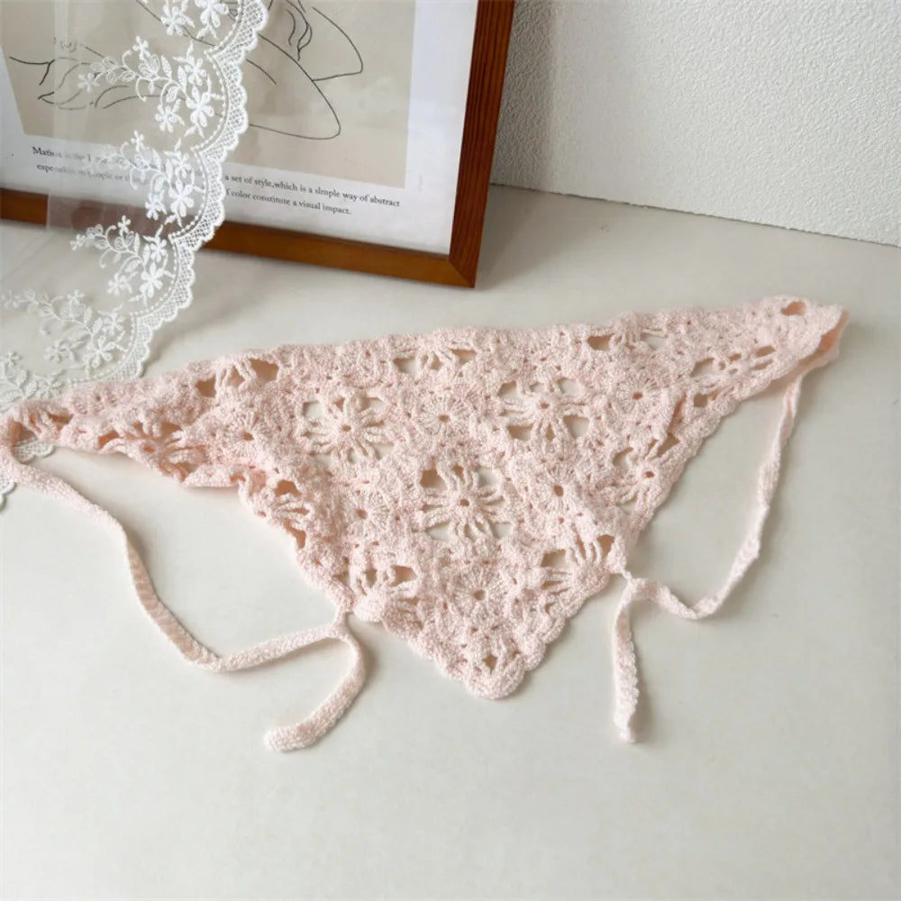 French Handmade Knitted Headscarf Hat Hollowed Sunshade Crochet Headband Triangle Flower Headscarf Beach Photography Oasis Select Pink