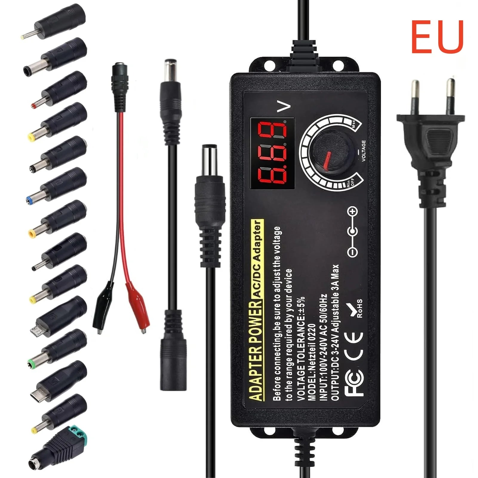 AC to DC Power Supply Adjustable Laboratory Supply Power Source 3V-24V-3A Portable Universal Adapter EU/US Plug Alligator Clip Oasis Select EU Complete Set AC 100-240V DC 3A