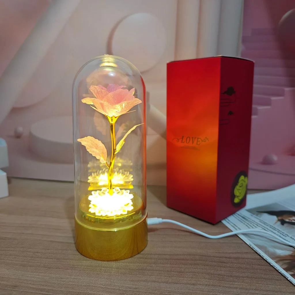 Never Beauty and the Beast Rose with Rose in Clear Dome with Led Light Powered by Battery Gift for Birthday Wedding Valentines Oasis Select Pink