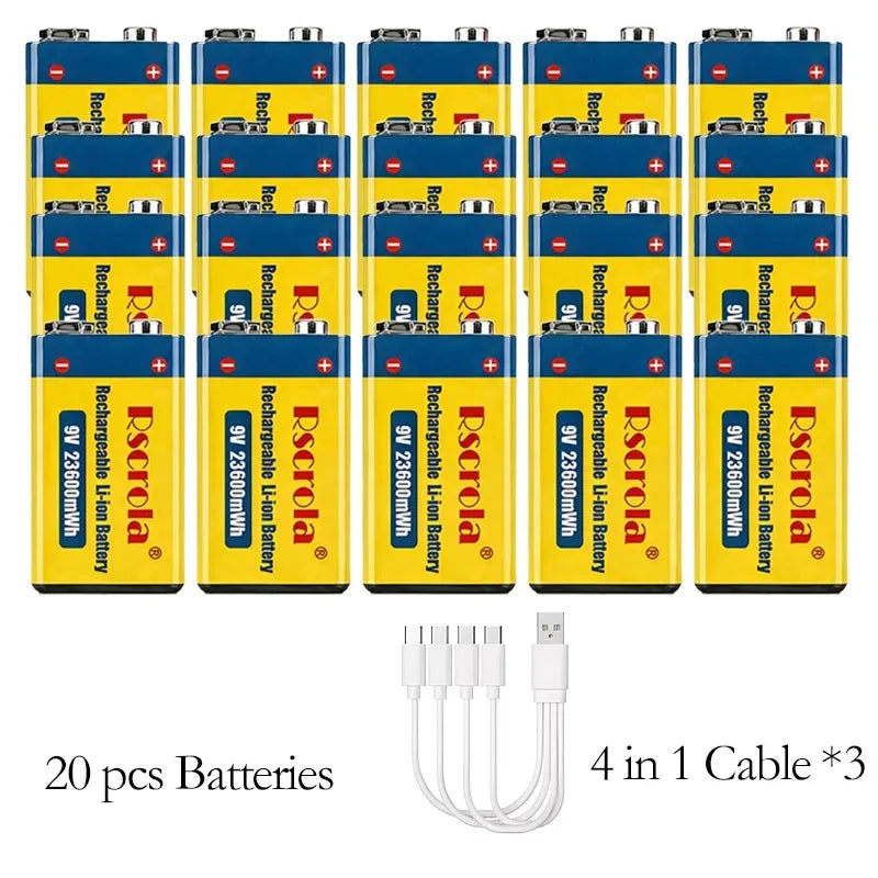Rscrola 9V USB-C Rechargeable Battery 23600mWh Li-ion Constant Voltage for Guitar Pedal Smoke Detector Multimeter, Long Life Wit Oasis Select 20 PCS Batteries 9v