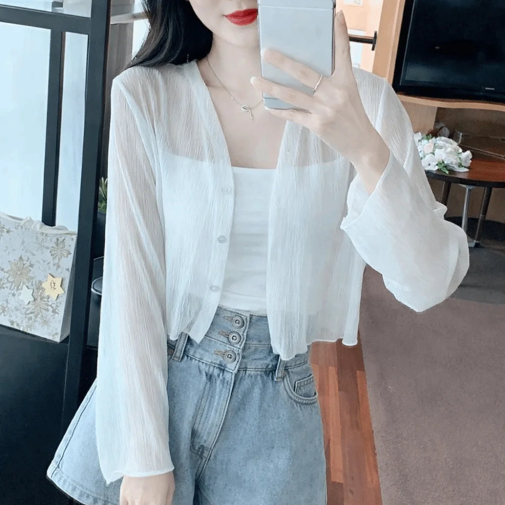 New Thin Chiffon Cardigan Lightweight Long Sleeve Sun-Proof Tops Casual Sun Protection Clothing Women's Oasis Select White L