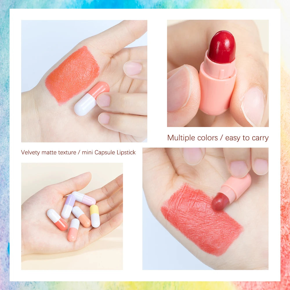 6pcs/set Mini Cute Capsule Lipstick Set with Lip Balm Moisturizing Waterproof Non-stick Cup Carry Pill Lipstick Lips Makeup Gift Oasis Select