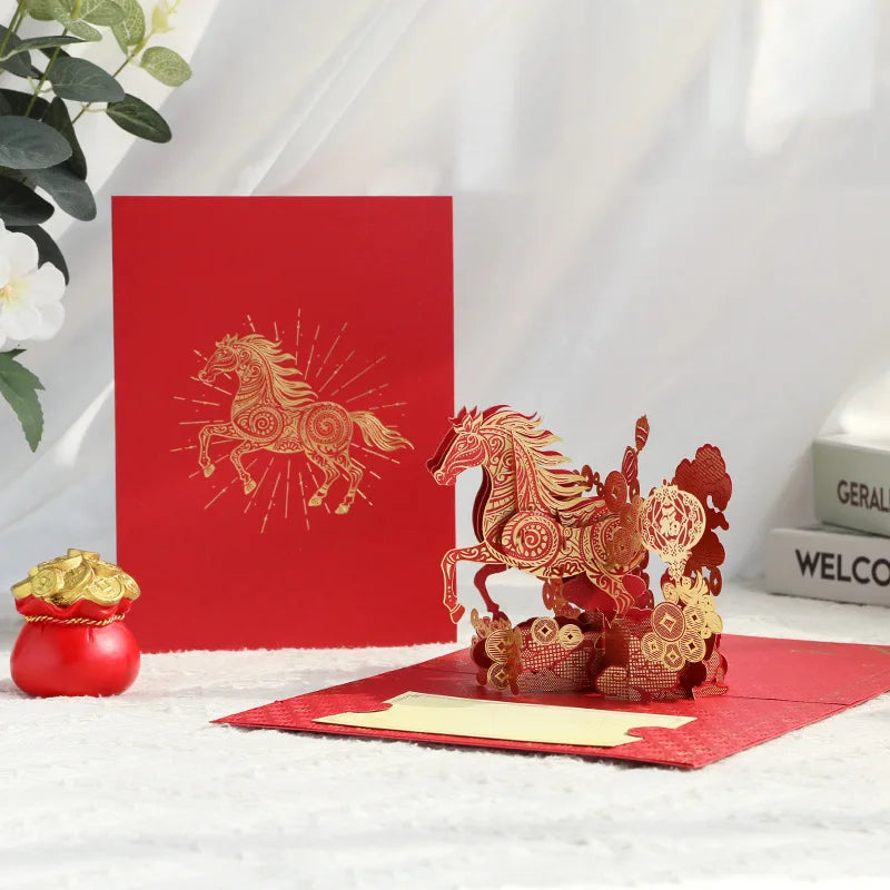 2026 Year of The Horse Lunar New Year 3D Bounce Card, Gold Horse Greeting Card with Memo Paper and Envelope Oasis Select