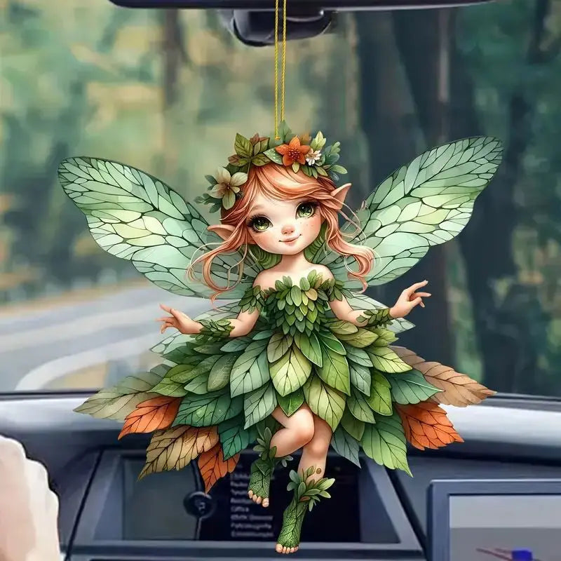 1pcs 2D Acrylic Green Elf Pendant Flower Fairy Charms Small Fresh Car Pendant Cartoon Cute Elf Car Rearview Mirror Decoration Oasis Select