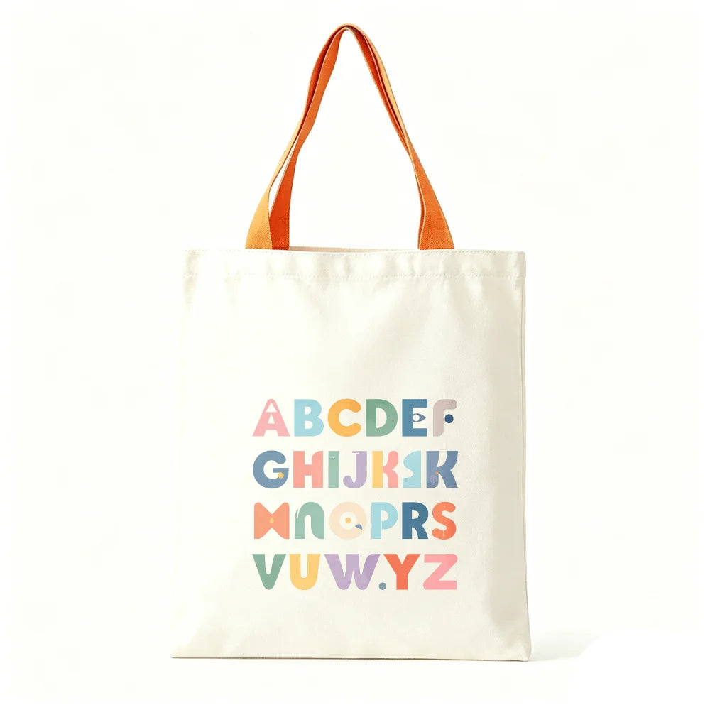 Colorful ABC Alphabet Canvas Tote Bag Large Capacity Eco Reusable Shopping Shoulder Bag Women Teacher Student School Handbags Oasis Select Orange