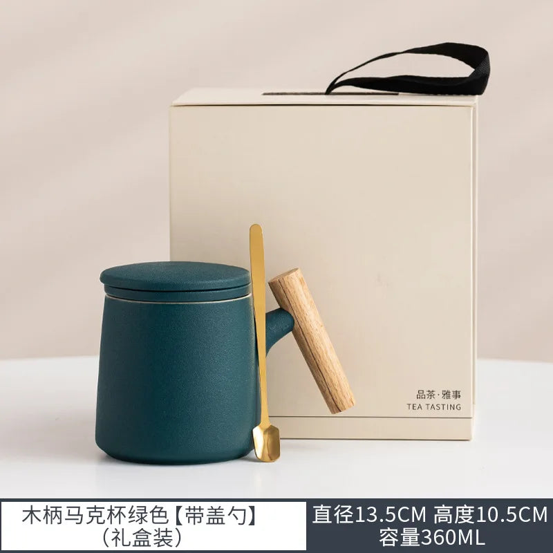 Office Wooden Handle Mug Japanese-style Ceramic Office Tea Cup Frosted Water Cup Three-piece Set with Lid Filter Mug Coffee Mug Oasis Select Green gift box 301-400ml