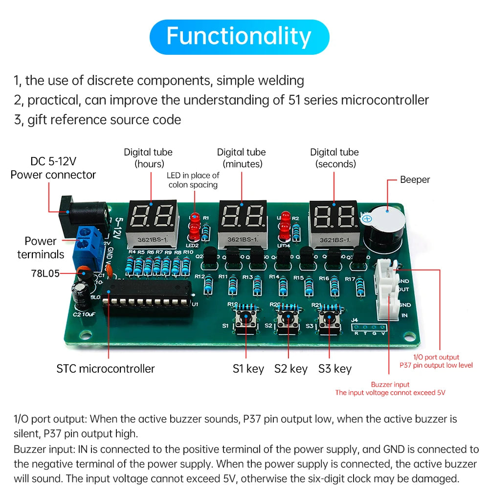 DC 5-12V 6-Digit Red Display Digital Clock Module Electronic Kit 51 Microcontroller Welding Practice DIY Electronic Kit Oasis Select