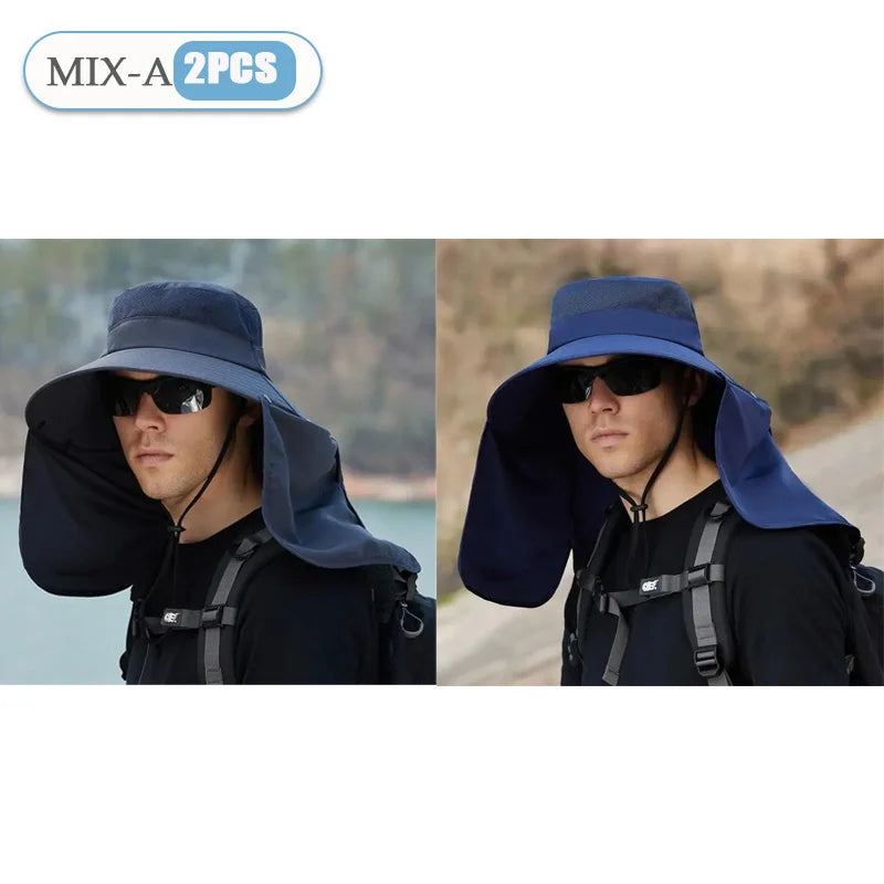 Fishing Hat for Men Summer Outdoor Sun Protection Cap with Neck Flap Wide Brim Fisherman Hat for Hiking Camping Beach Oasis Select MIX-A-2PCS