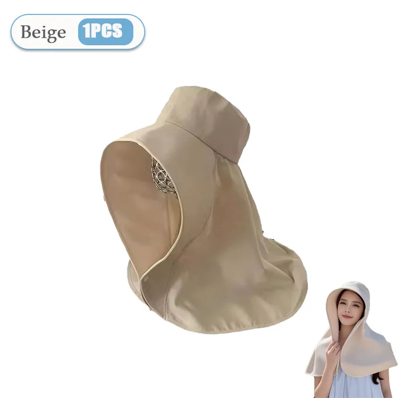 Women‘s Summer Sun Protection Hat with Face Cover Neck Flap Shoulder Cape Wide Brim UV Blocking for Outdoor Hiking Cycling Oasis Select Beige-1PC One Size