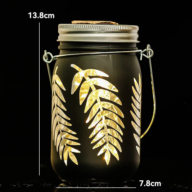 Carved Solar-powered Mason Bottle Garden Decoration Outdoor Courtyard Hanging Light Creative Atmosphere Portable Night Light Oasis Select long leaves