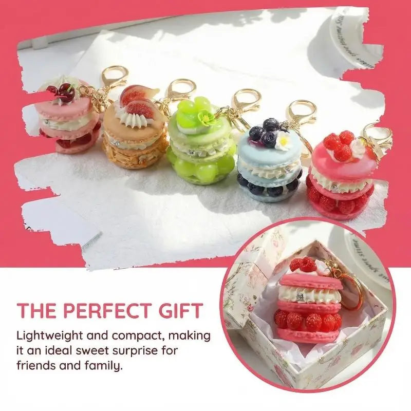 Fruit Macaron Cake Keychain Realistic Dessert Pendant Cute Fun Bag Accessories for Girls Key Ring Holder School Bag Charm Oasis Select