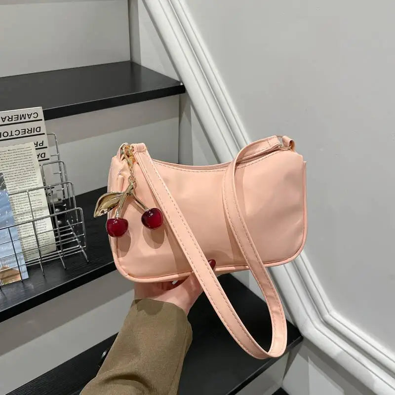 Women's PU Leather Shoulder Bag with Cherry Pendant