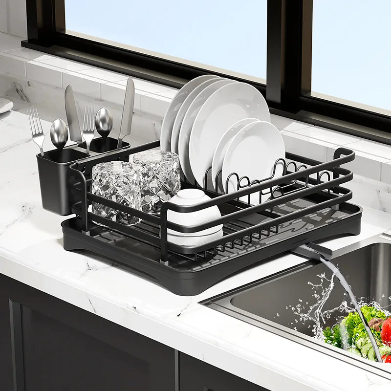 Kitchen Shelf Dish Drain Rack Diversion Drain Dish Rack Multifunctional Household Countertop Single Layer Cutlery Rack Oasis Select black
