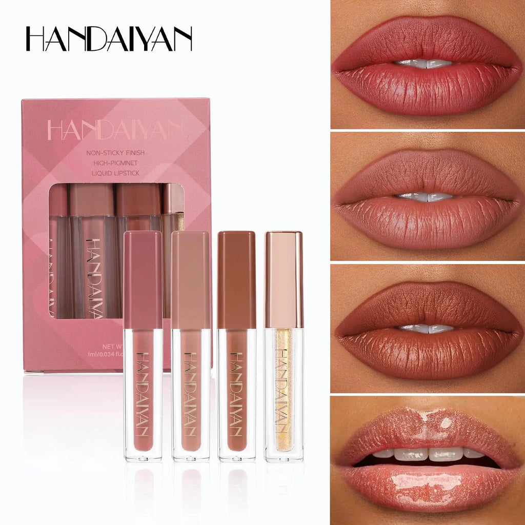 Handaiyan 4pc Velvet Liquid Lipstick Set – Waterproof Lip Gloss