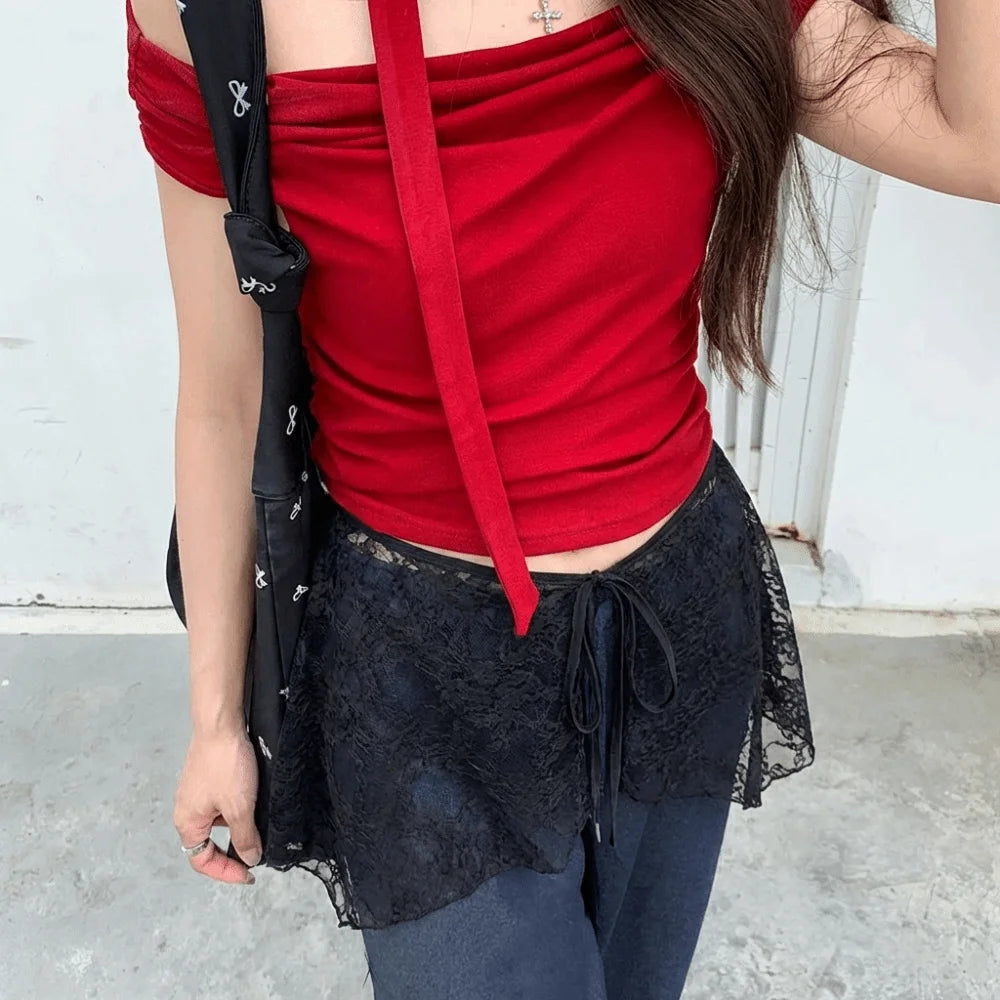 French Lacing Lace Mini Skirt Embroidery Irregular Hemline Ruched Skirts Y2K Streetwear Harajuku Lace Up Ruffles Skirt Oasis Select