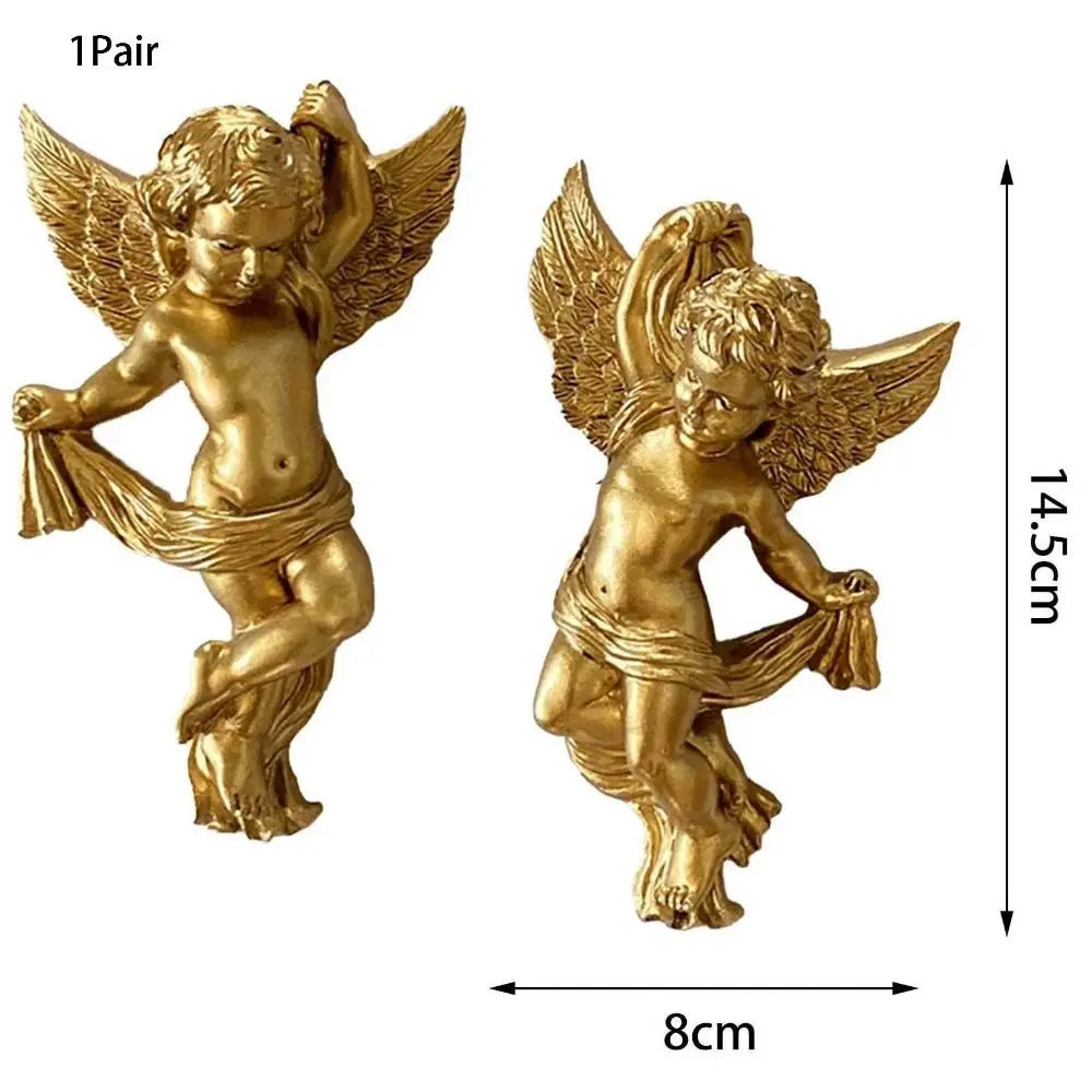 Cherub Angel Statue Pair – Gold Resin Desktop & Wall Ornament Resin Decorative Figurine Oasis Select