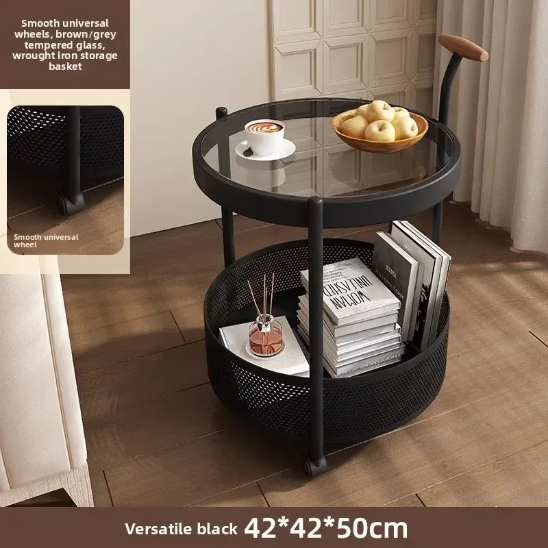 Multi-functional French light luxury movable glass trolley side table living room sofa small coffee table bedroom bedside table Oasis Select Black-HUI