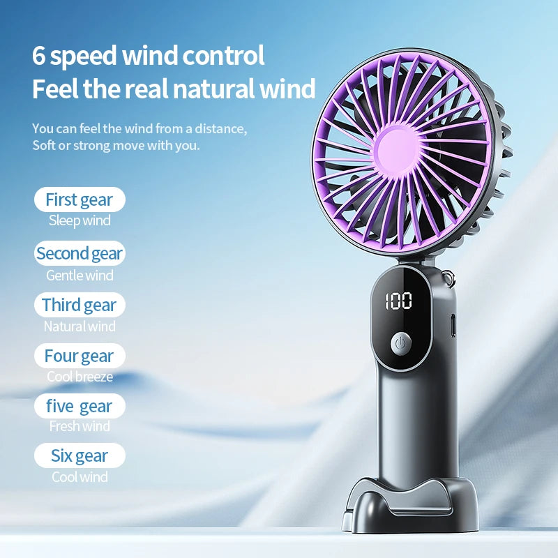 Portable Handheld Fan Mini USB Fan With 6 Speeds and Digital Display Foldable 3-in-1 Handheld Neck and Desktop Fan For Outdoor Oasis Select