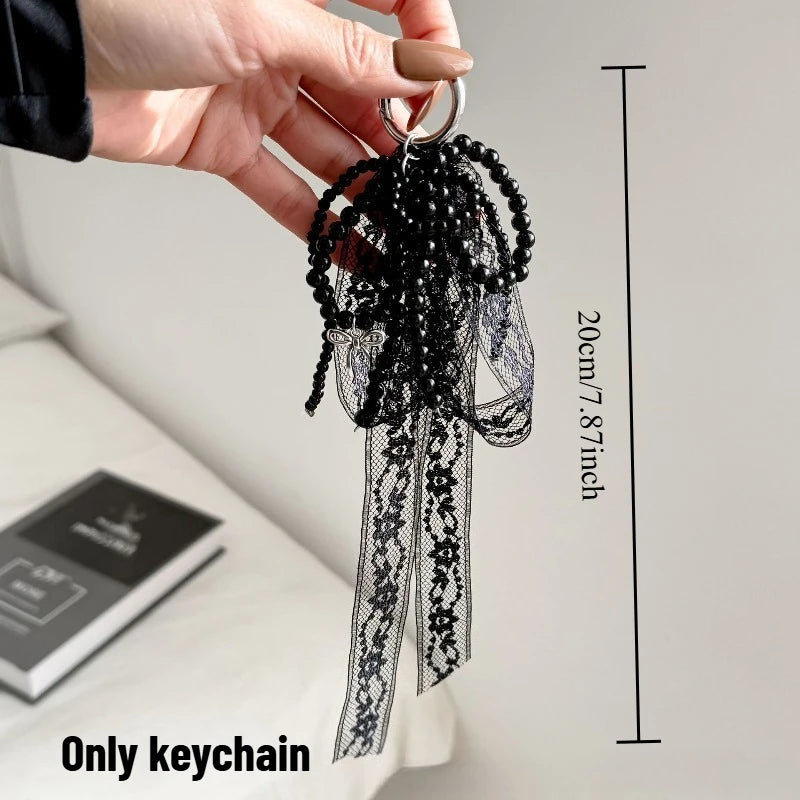 Korean Ins Niche Pearl Lace Bow Decoration Fashionable High-end Texture Fresh Bag Pendant Car Keychain Oasis Select black