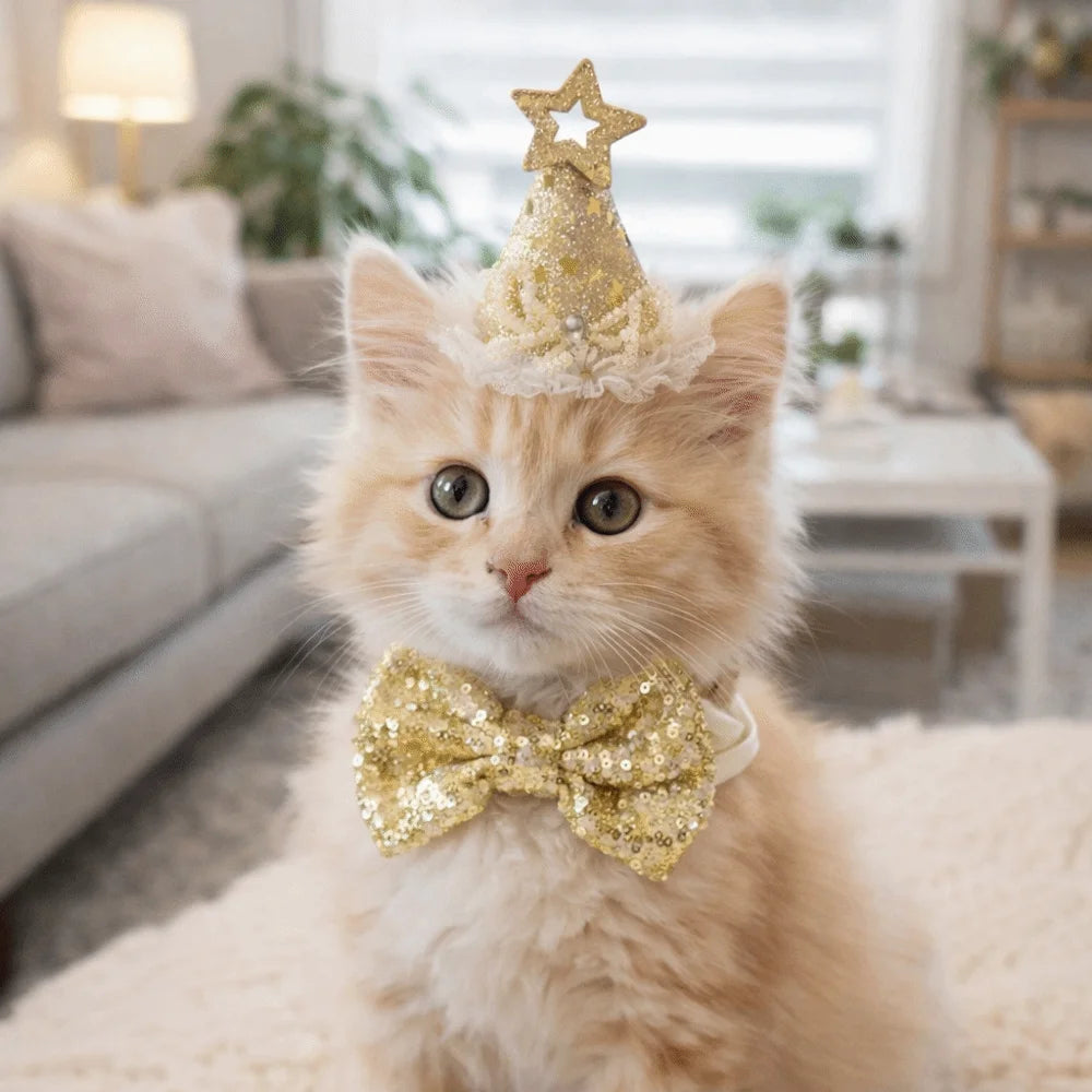 Adjustable Pet Birthday Party Hat – Sequin Princess Hat for Cats & Dogs
