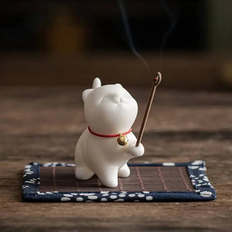Ceramic Kitten Tea Pet Incense Holder Hand-Painted Zen Desk Decor Stick/Cone Incense Meditation Spiritual Aromatherapy Oasis Select white