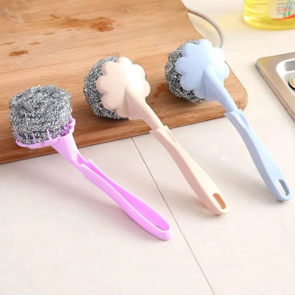 New Long Handle Cleaning Ball Oil Removal Non-stick Oil Steel Wire Ball Brush Multi-function Pot Washing Brush Kitchen Accessory Oasis Select