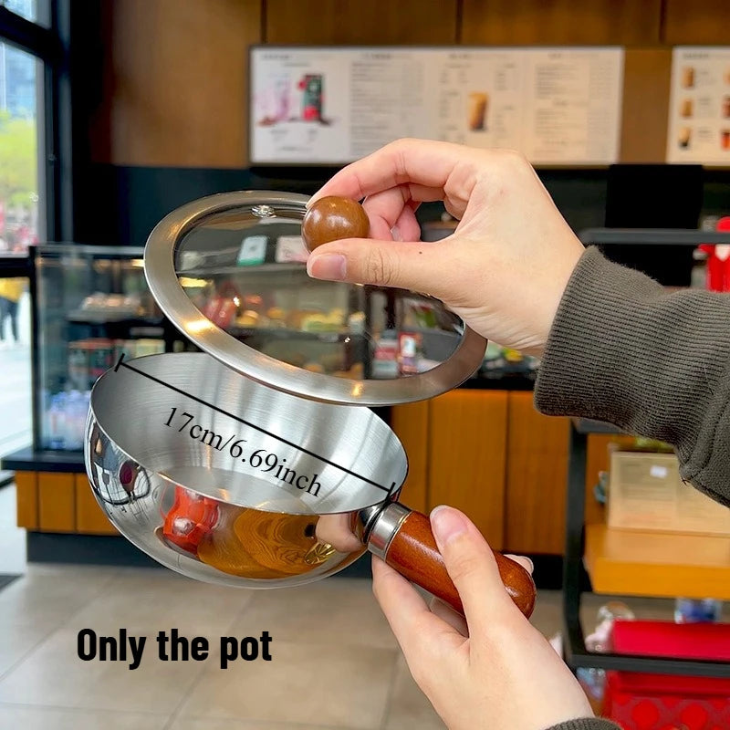 1pcs Heatproof Wood Handle Stainless Steel Milk Pot Non-slip Bottom Even Heating & Induction Cooker Available Oasis Select 17cm
