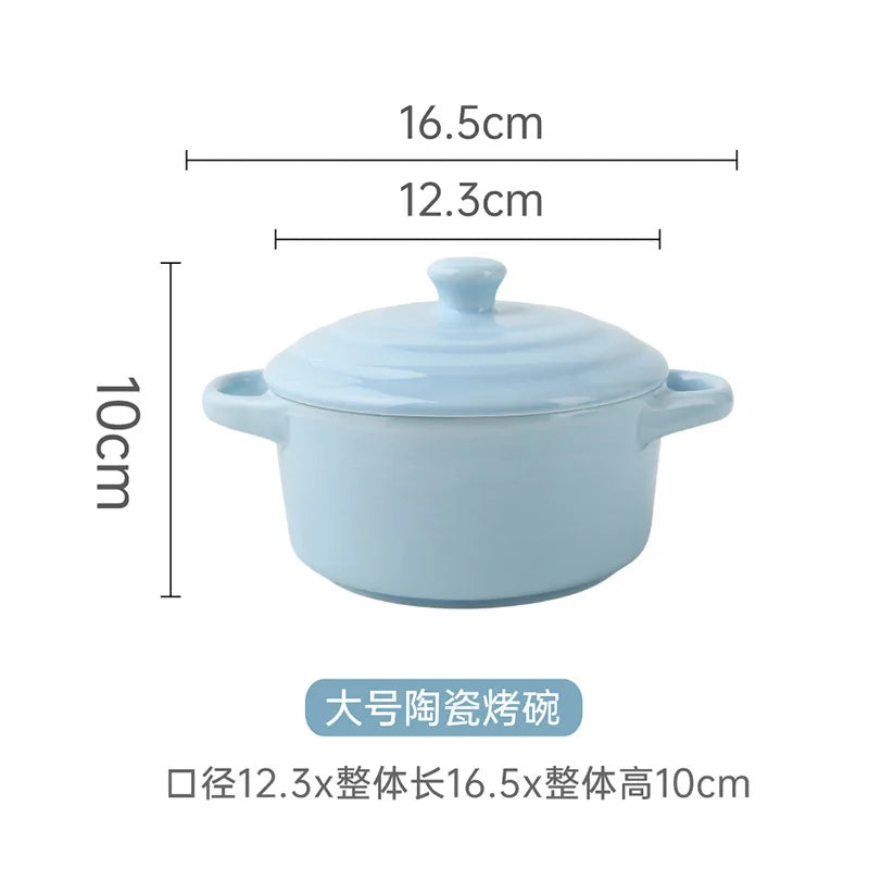 1Pc Small Ceramic Double Ear Bowl - Oven Safe for Steamed Egg Custard, Household Stew Soup, Pudding Baking & Stewing Pot Oasis Select Blue-L