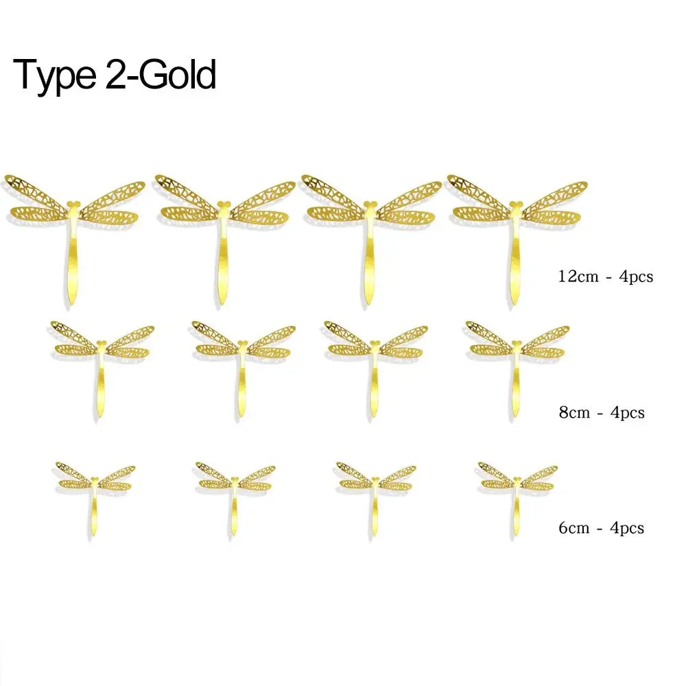 12-Pack 3D Dragonfly Wall Stickers – Gold Silver Rose Gold