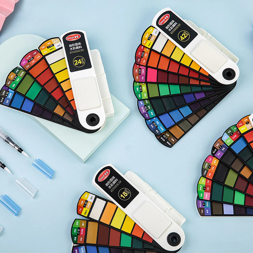 Fan-Shaped Solid Watercolor Set 18/24/36/42 Colors + Brush Pen