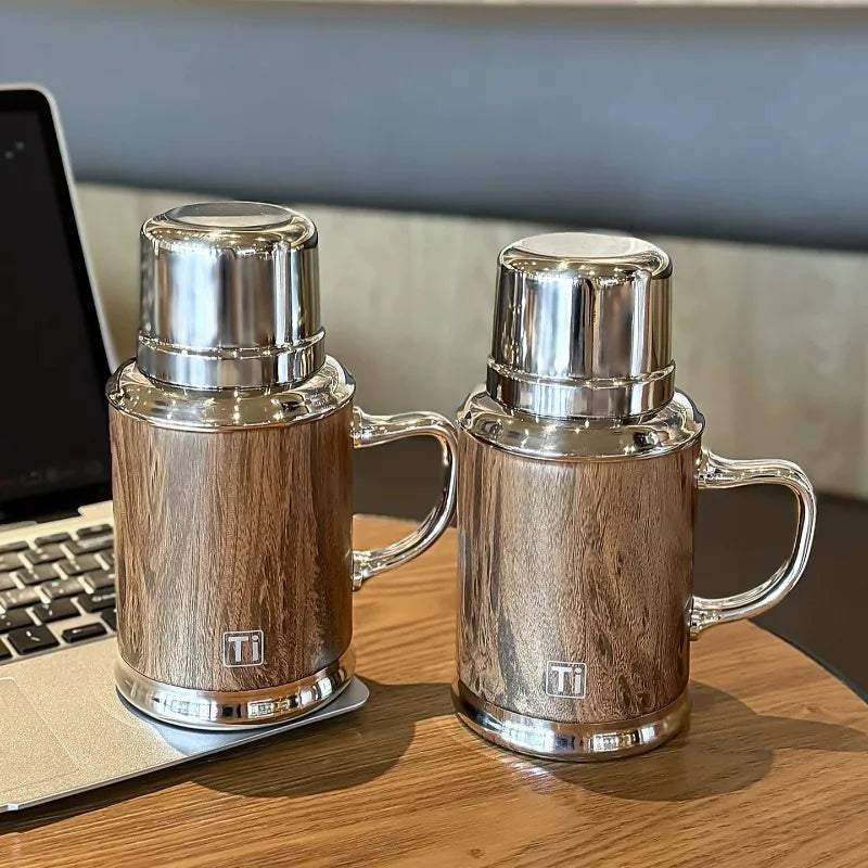 Wood Grain Insulated Water Bottle with Handle Removable Drinking Lid Portable Heat Retention Flask for Office Travel Daily Oasis Select