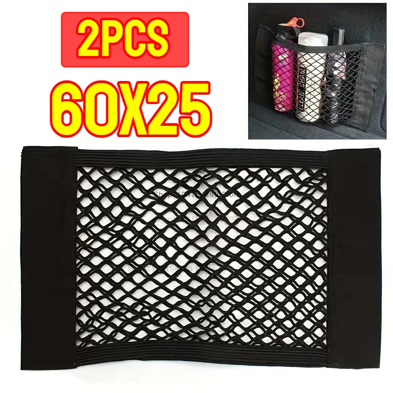 Car Back Rear Trunk Organizer Net Mesh Seat Elastic String Magic Sticker Universal Storage Bag Pocket Auto Put Paper Stowing Oasis Select 60x25-2PCS