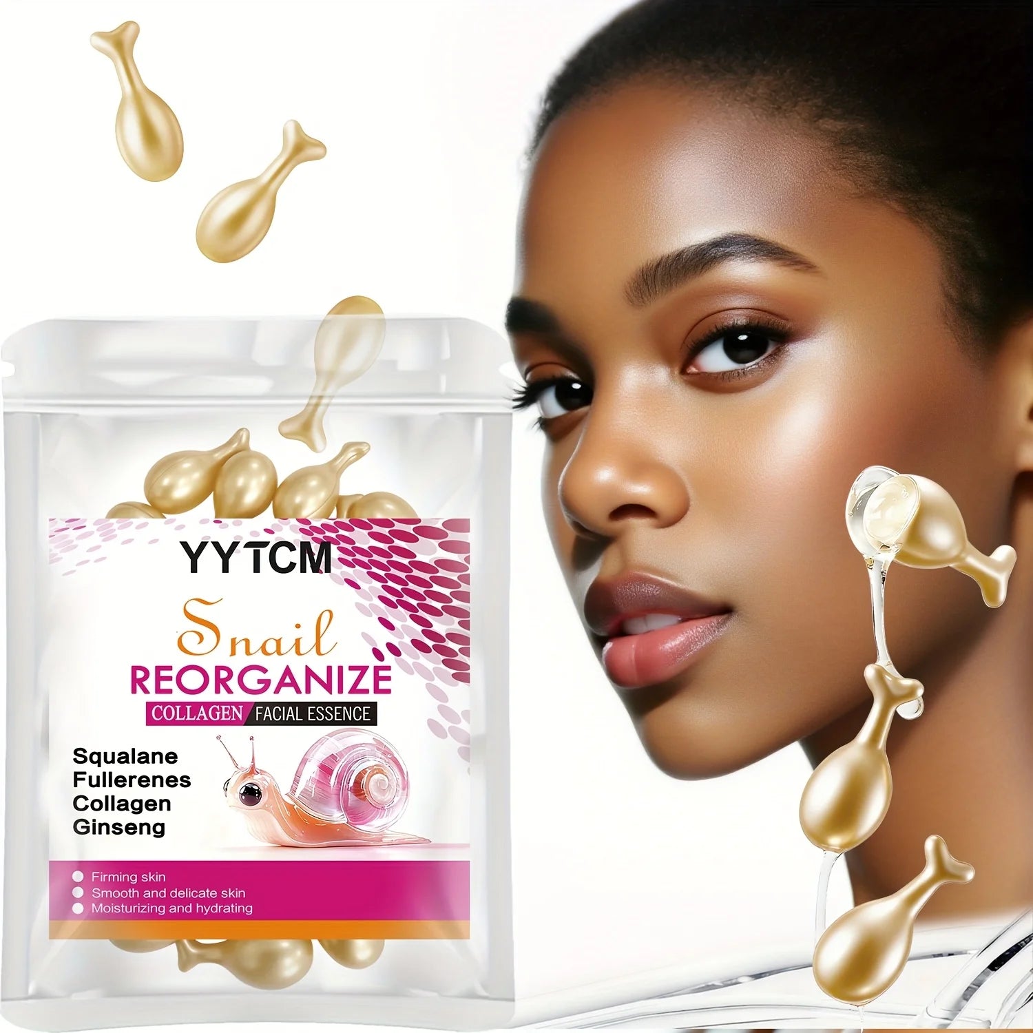 Snail Recombinant Collagen Essence Capsules, Moisturizing and Firming Essence, Smoothens Skin, Contains Squalane, Ginseng Extract, Deeply Hydrates (0.34Gx30 Capsules)/Bag-1 Bag Oasis Select