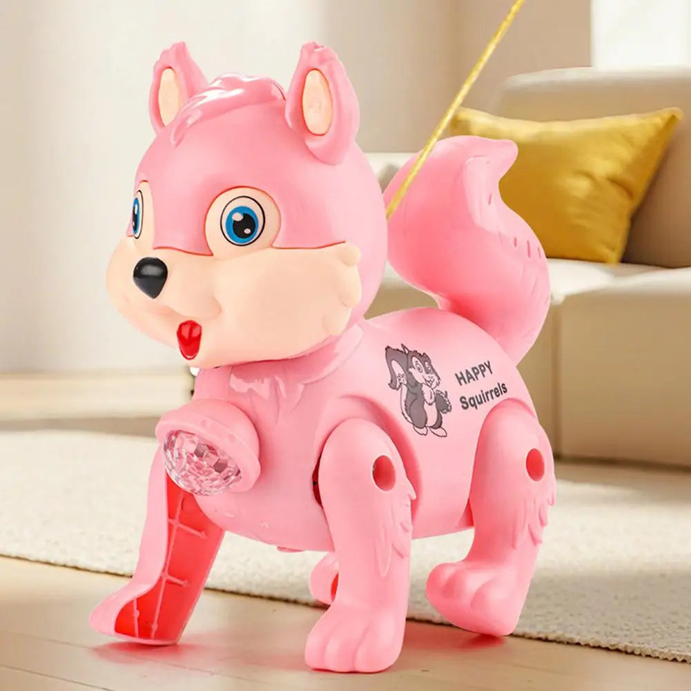 Cute Electric Squirrel Walking Toy with Pulling Leash Flashing Led Light Dynamic Music Interactive Sensory Toy for Kids Oasis Select
