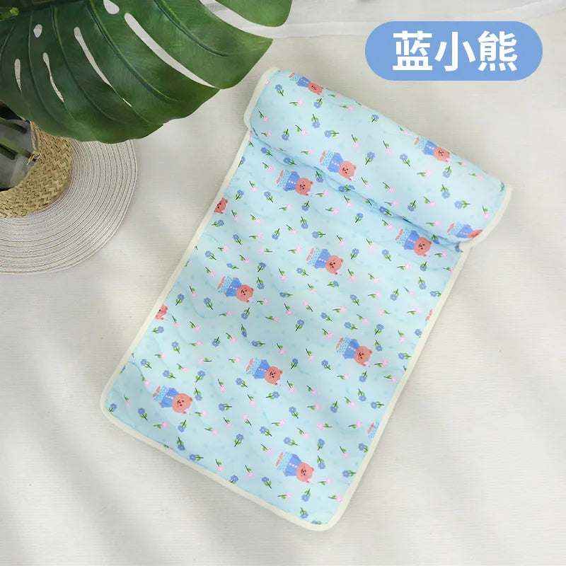 Summer Ice Silk Pillow Cool Pet Pad, Cat Cool Pad Pet Neck Protector, Ice Silk Cooling Cool Pad Suitable for Both Cats and Dogs Oasis Select Blue Bear L 75X57CM